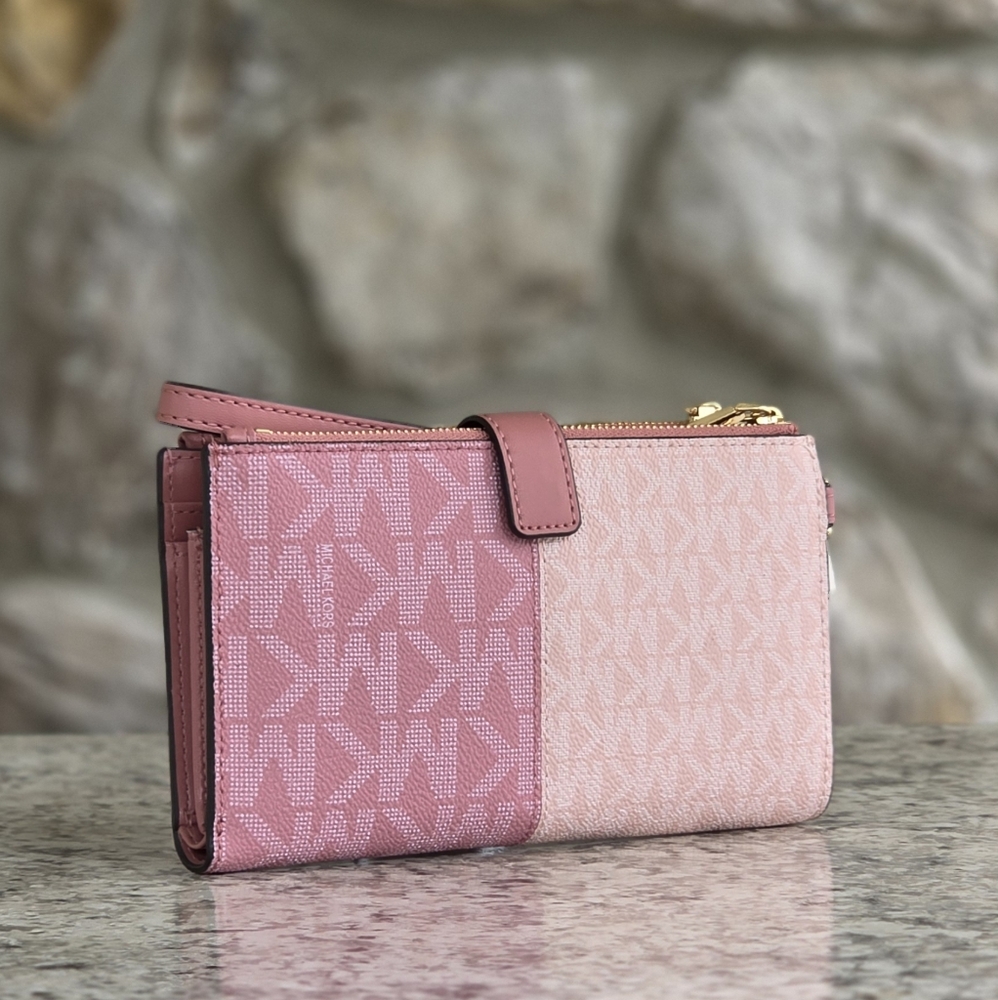 Michael Kors Jet Set Color-Block Pink Double Zip Wristlet - Picture 2 of 6